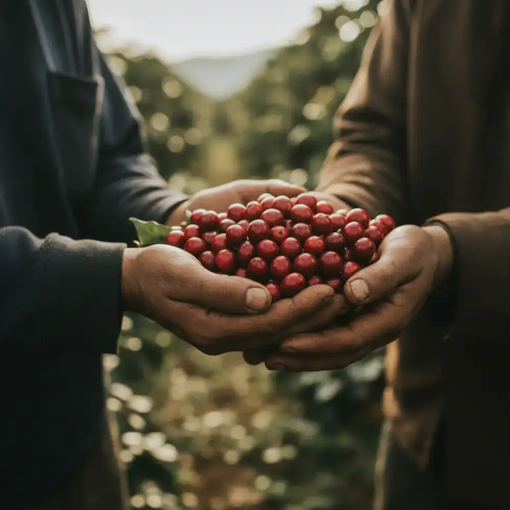 Farmers gently holding freshly picked coffee cherries