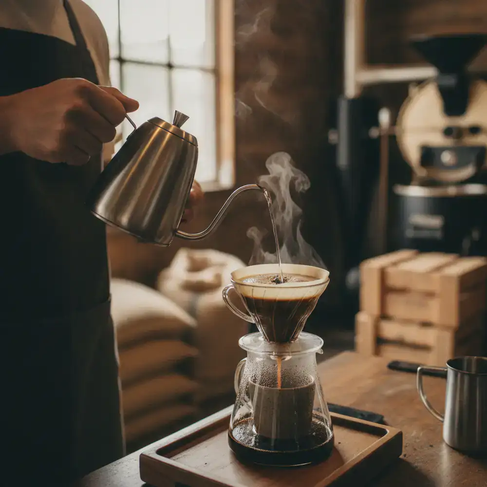 Barista pouring water over fresh coffee grounds at Gaflixot Roastery