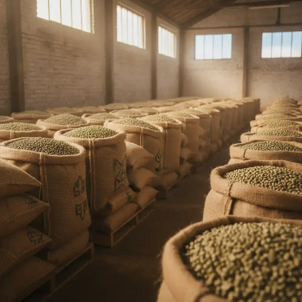 Burlap sacks of green coffee beans stored in a bright warehouse