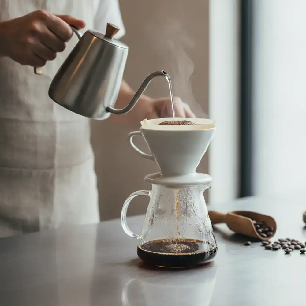 Barista pouring hot water over fresh coffee grounds in a ceramic dripper