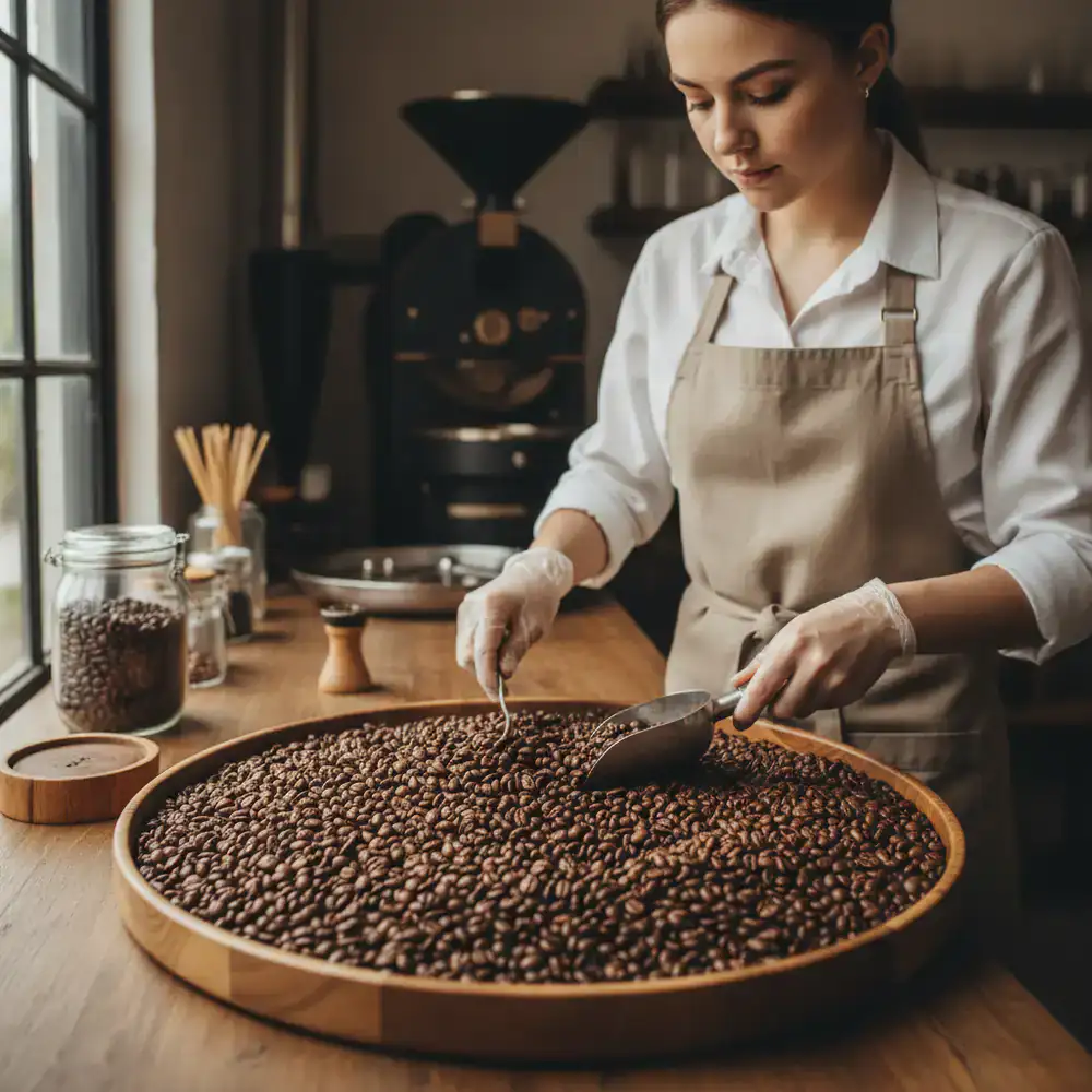 Barista inspecting freshly roasted specialty coffee beans