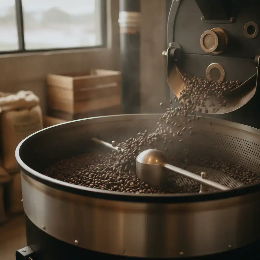 Fresh coffee beans cooling in a commercial roaster drum