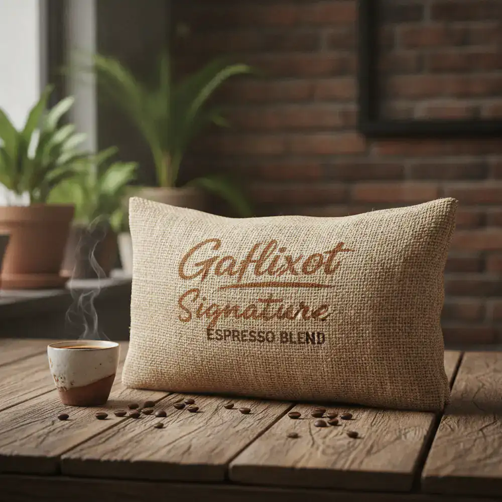 Gaflixot Signature Espresso Blend bag resting on a wooden table