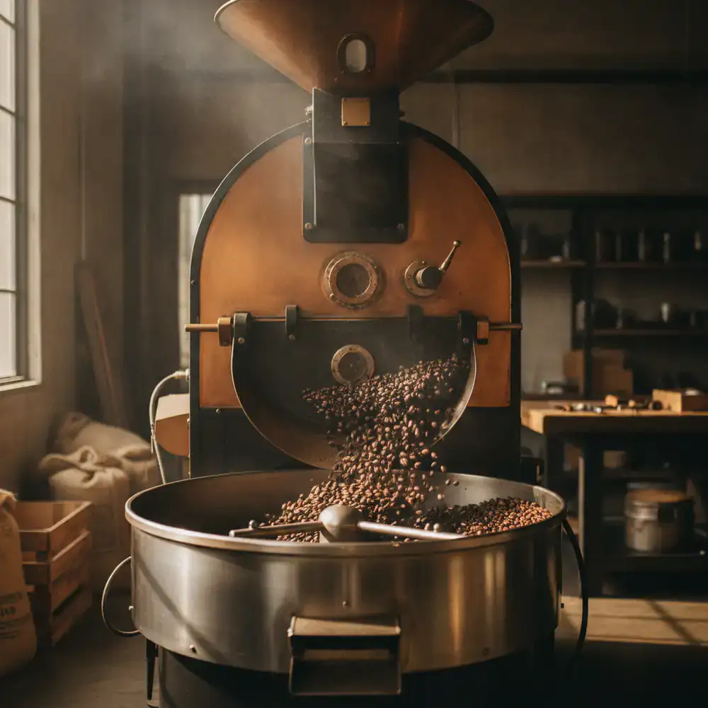 Large commercial coffee roaster drum spinning with dark roasted beans