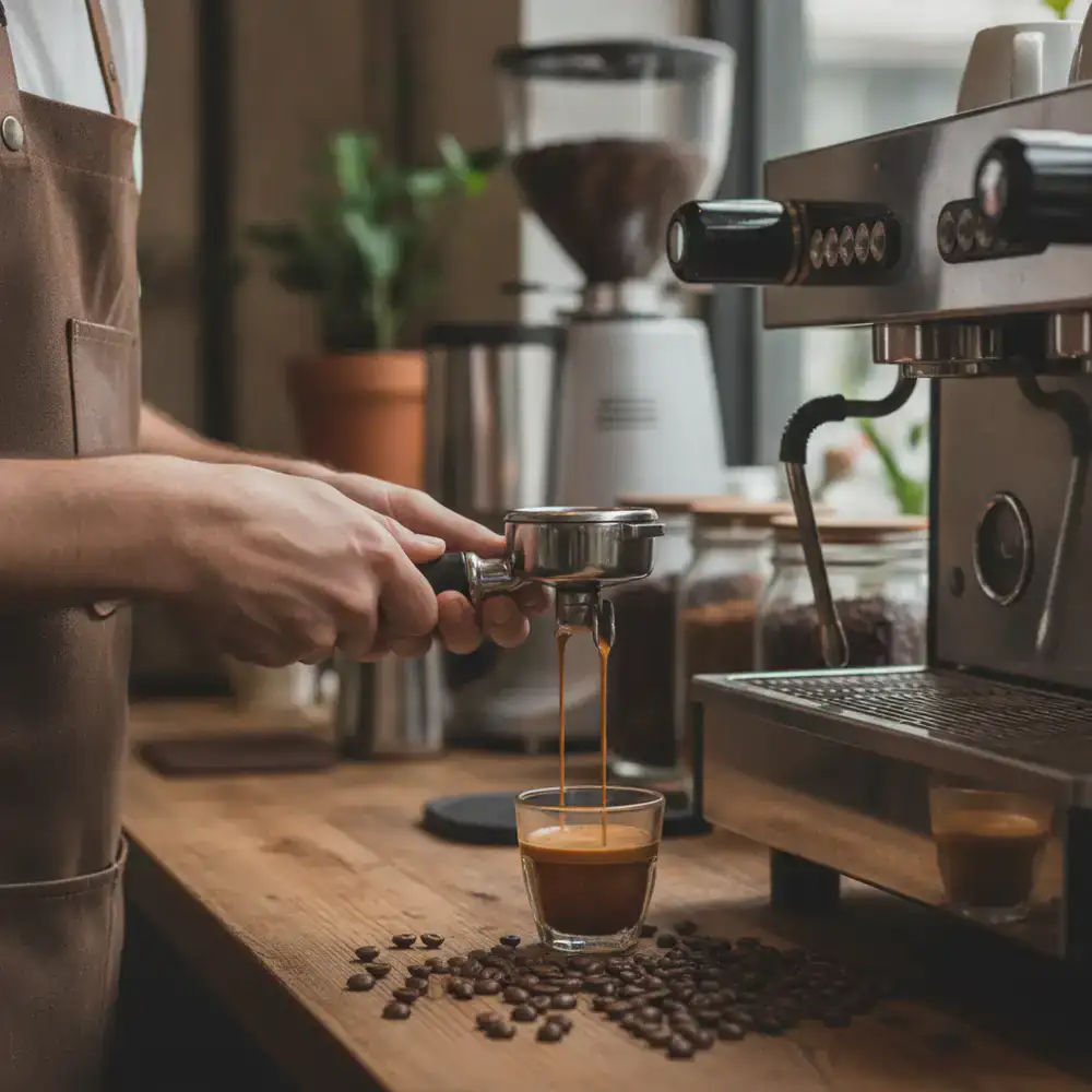 Barista pulling a fresh espresso shot with premium beans