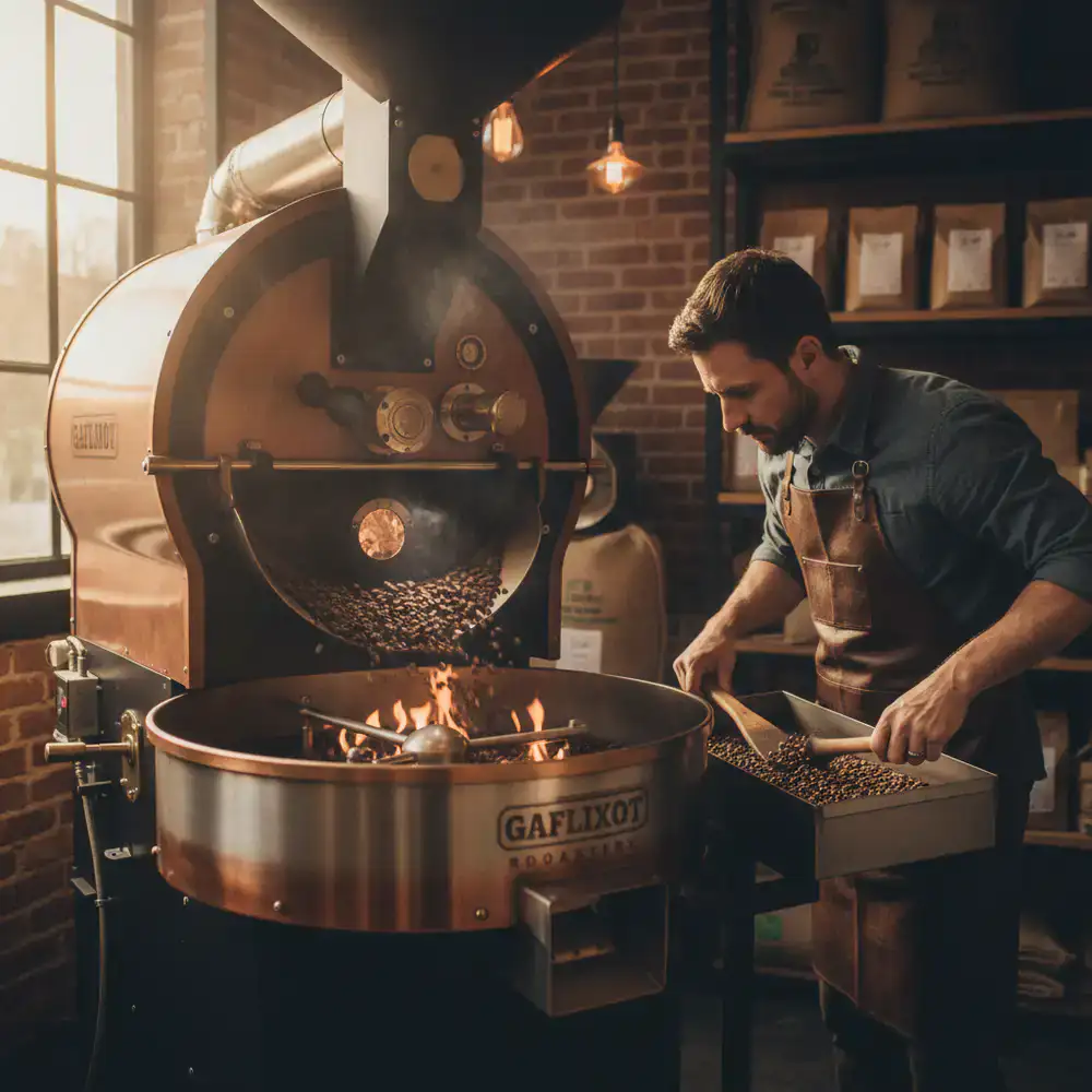 Gaflixot Roastery artisan roasting machine in action