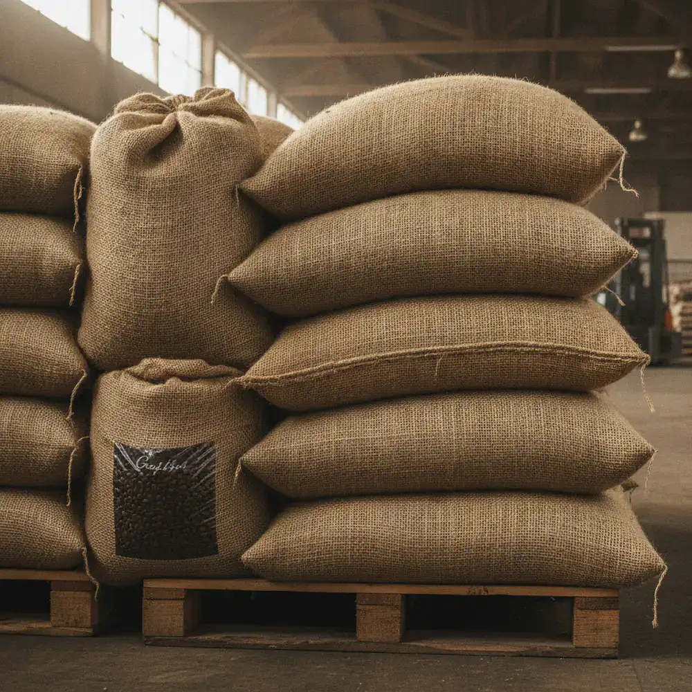Stacks of premium Gaflixot coffee bean bags ready for wholesale delivery